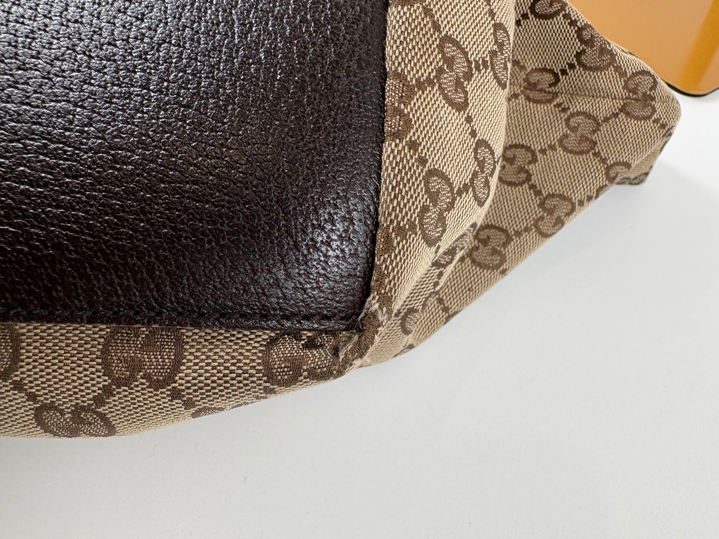 Pre-Owned GUCCI Monogram Web Handle Bucket Tote Handbag