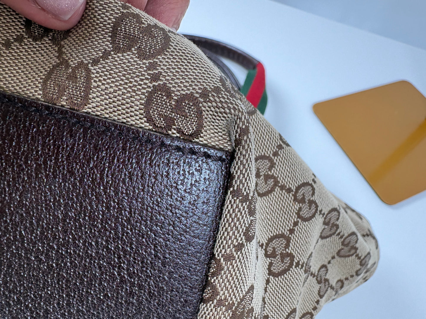 Pre-Owned GUCCI Monogram Web Handle Bucket Tote Handbag