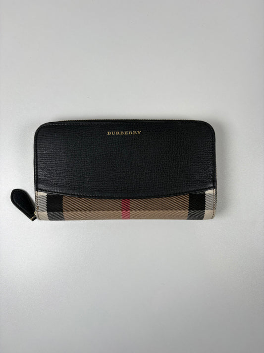 Pre-Owned BURBERRY Derby Continental Zip Around Wallet, Black/Check