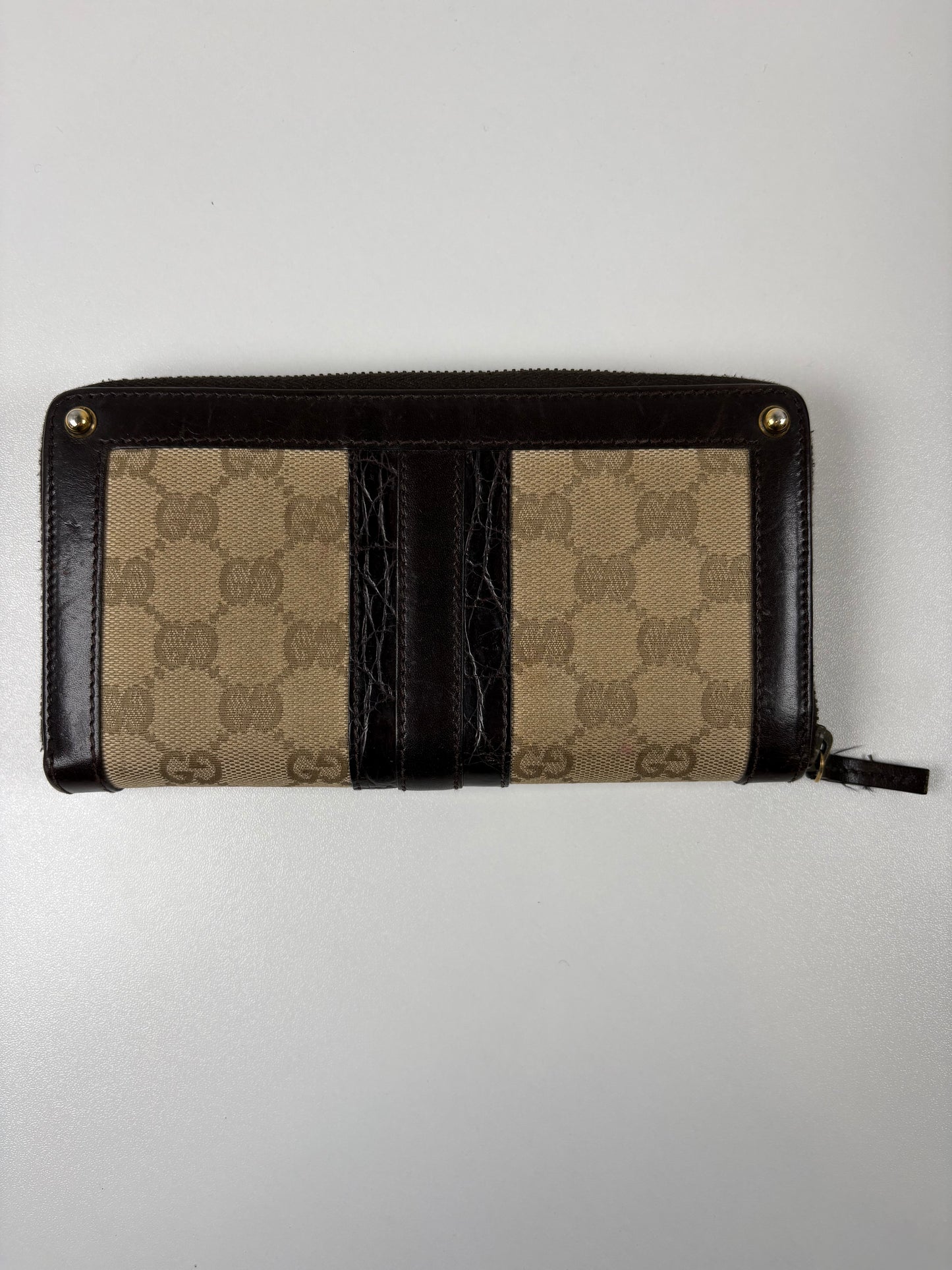 Pre-Owned GUCCI Leather Trim Zip Around Wallet, Black/Brown