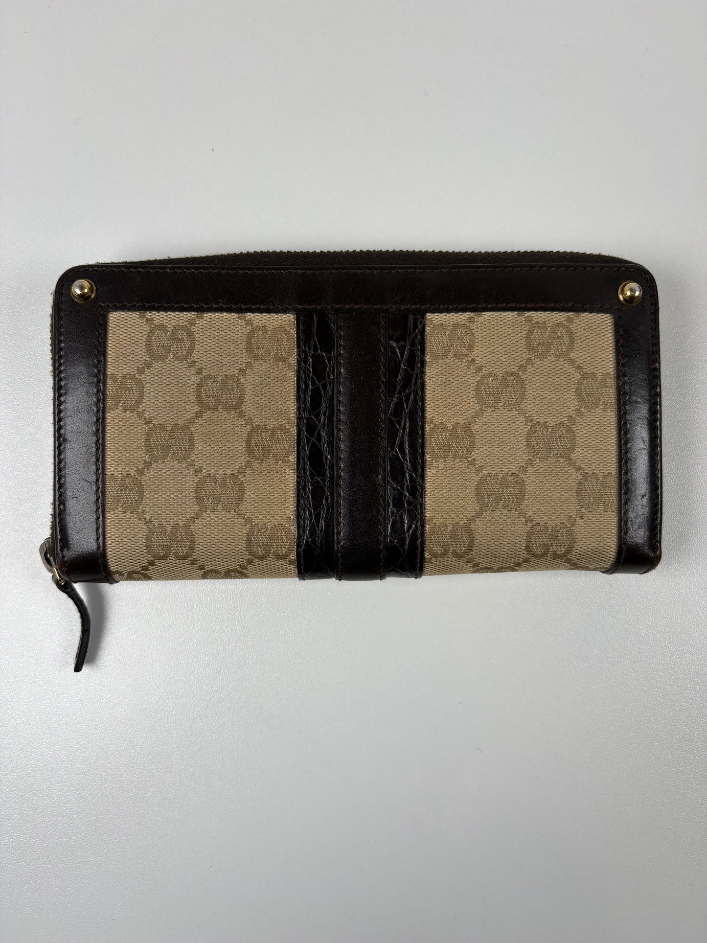Pre-Owned GUCCI Leather Trim Zip Around Wallet, Black/Brown