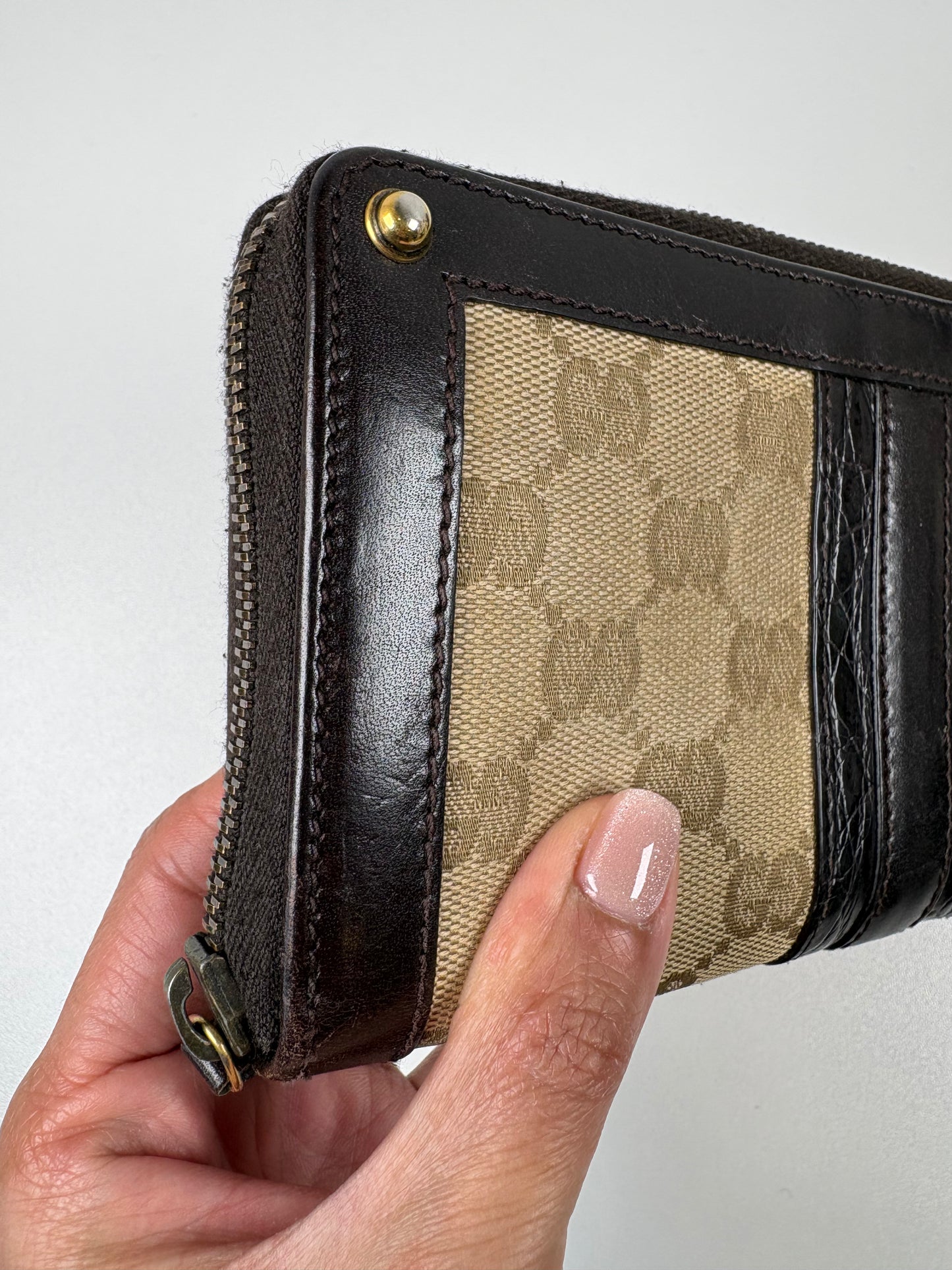Pre-Owned GUCCI Leather Trim Zip Around Wallet, Black/Brown
