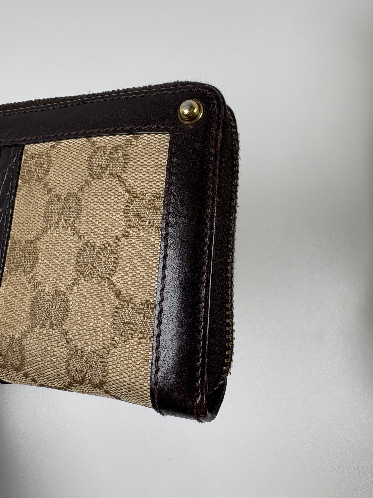 Pre-Owned GUCCI Leather Trim Zip Around Wallet, Black/Brown