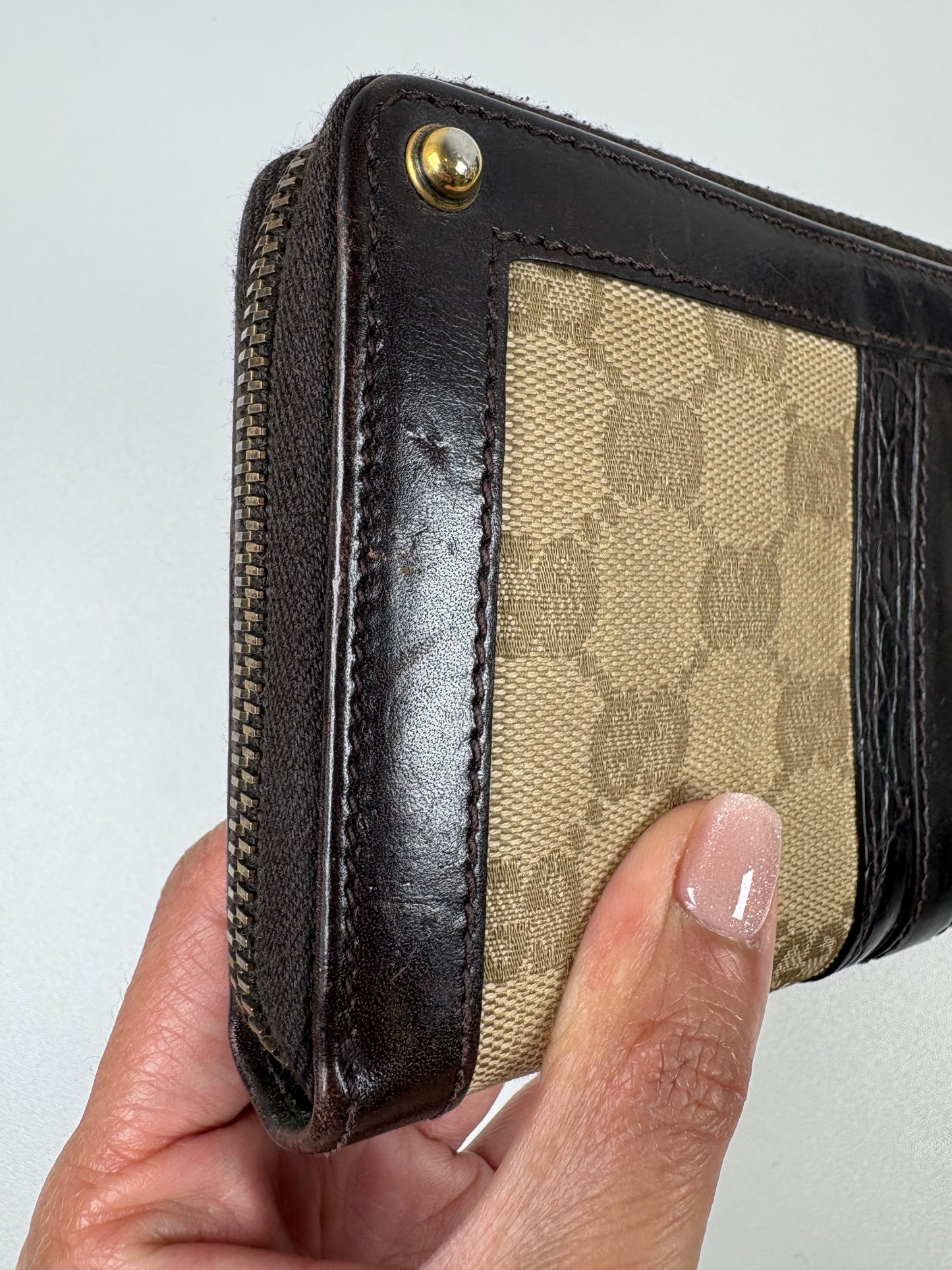Pre-Owned GUCCI Leather Trim Zip Around Wallet, Black/Brown