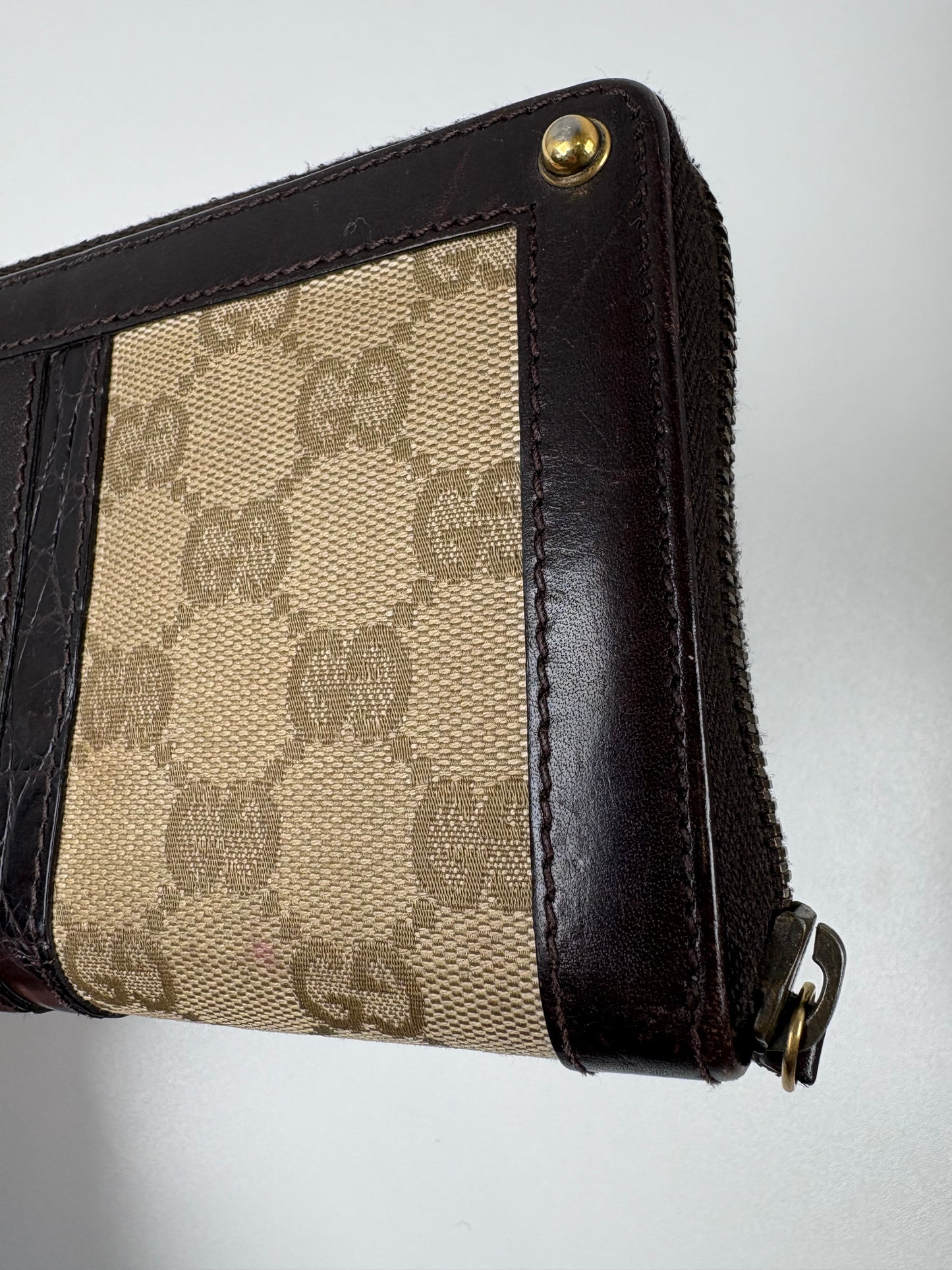 Pre-Owned GUCCI Leather Trim Zip Around Wallet, Black/Brown
