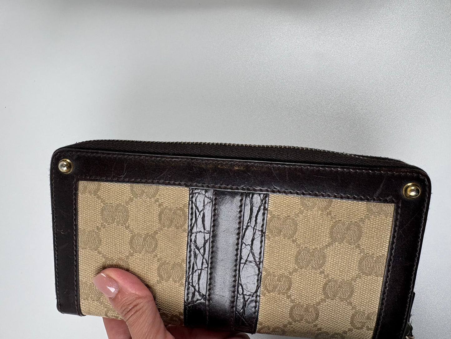 Pre-Owned GUCCI Leather Trim Zip Around Wallet, Black/Brown