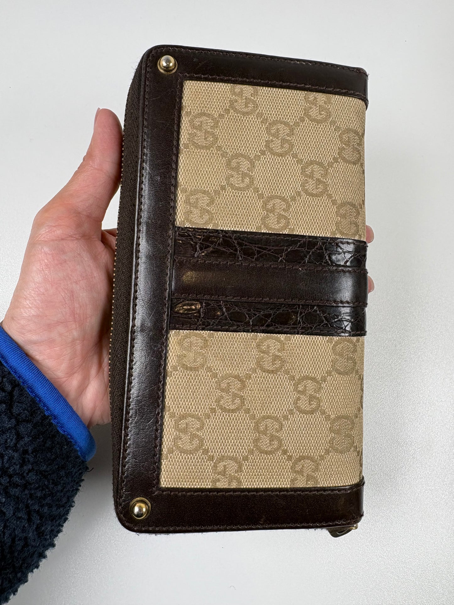 Pre-Owned GUCCI Leather Trim Zip Around Wallet, Black/Brown