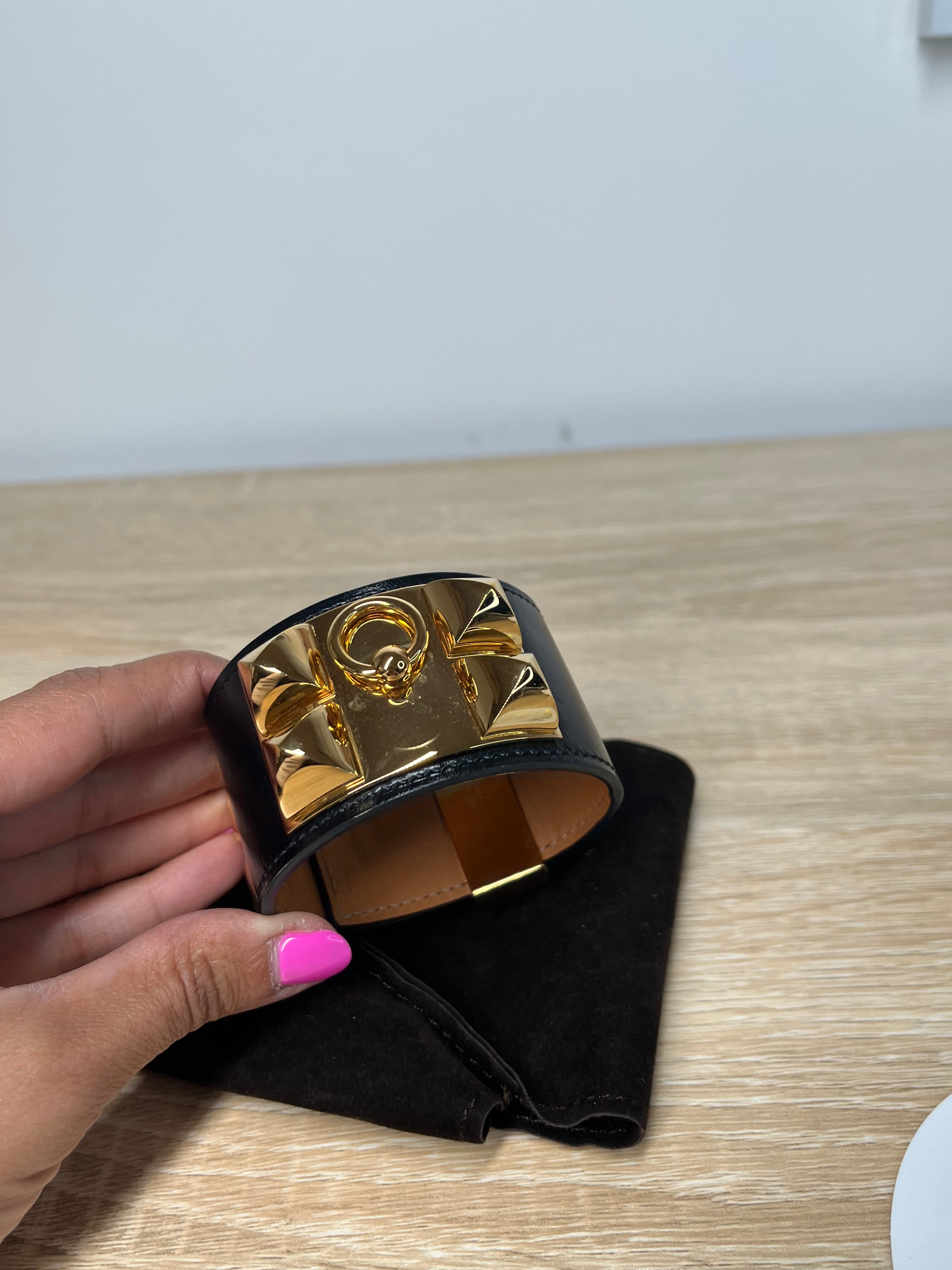 Hermes Collier de Chien 24 Black Gold Bracelet T2